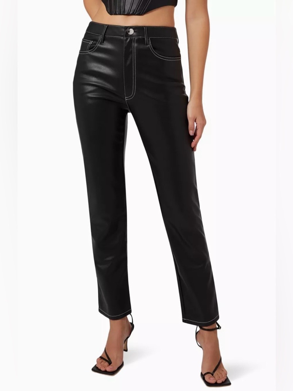STAUD Elliot Pants in Vegan Leather Straight Leg Ankle Contrast Stitching Black